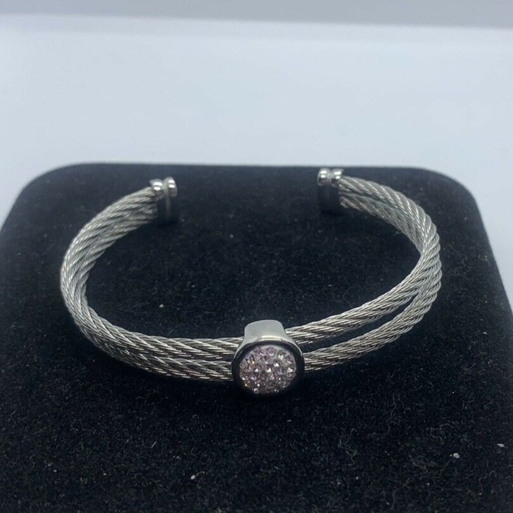 SVD Designer Signed Stainless Steel & Crystal Cable Cuff Bracelet